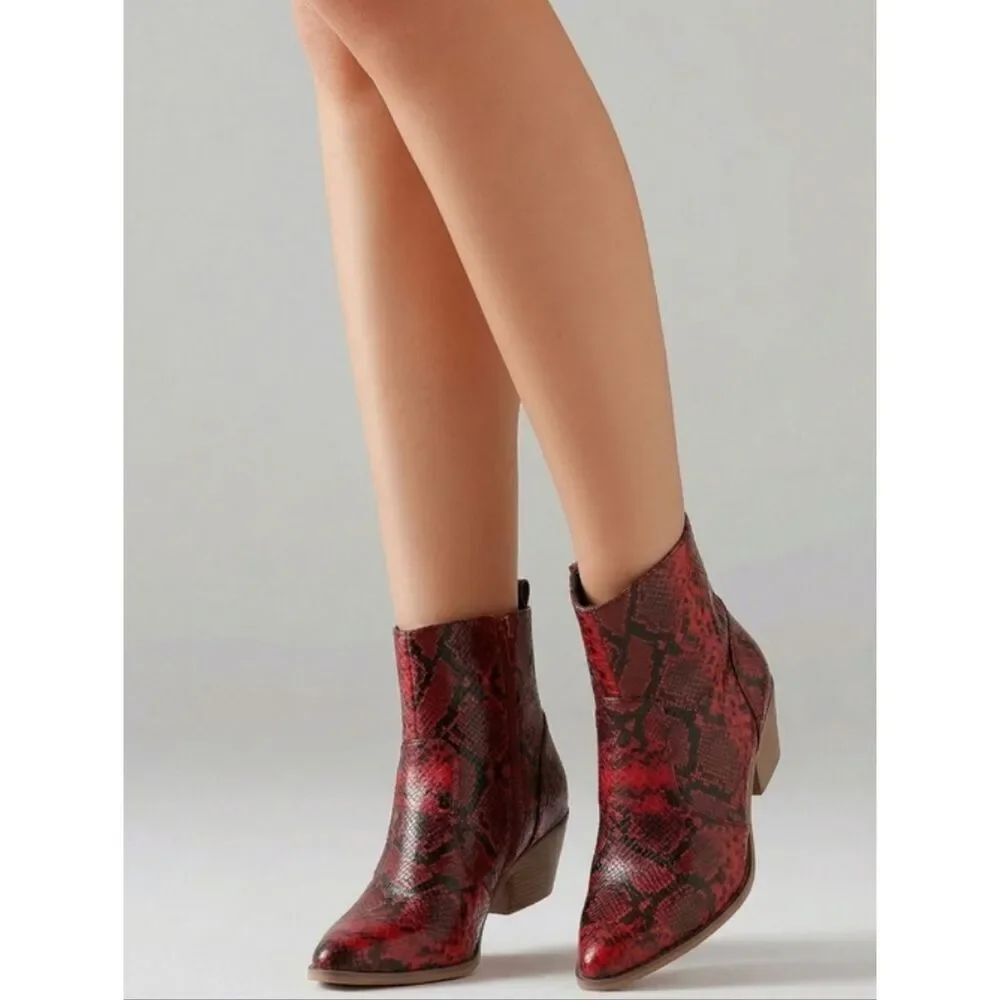 Red Snake-Print Pointed Toe Ankle Booties for Women